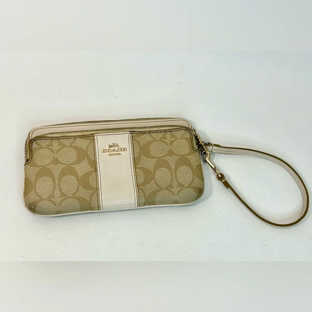 Coach Signature CC Khaki Double Zip Wristlet Wallet F52848